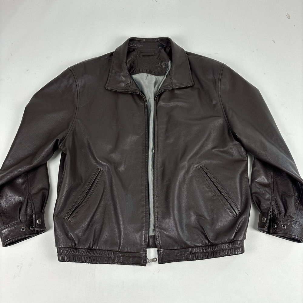Roundtree & Yorke Jacket Mens XL Brown Leather Bomber Full Zip Elastic Hem Lined